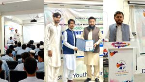 PCF workshop in Charsadda on changing minds for climate resilience with CEO addressing, speaker presenting, and awards given
