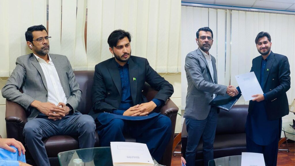 PCF and Pro Global Pvt. Ltd. MoU signing with CEO seated with company owner and receiving a bouquet