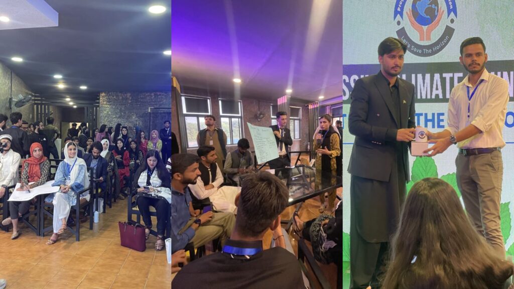 Collage of PCF workshop at LCOY Pakistan showing youth audience, participation activities, and award distribution