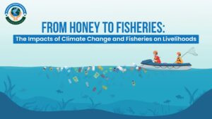 Illustration showing how climate change affects fisheries, honey production, and livelihoods in vulnerable communities