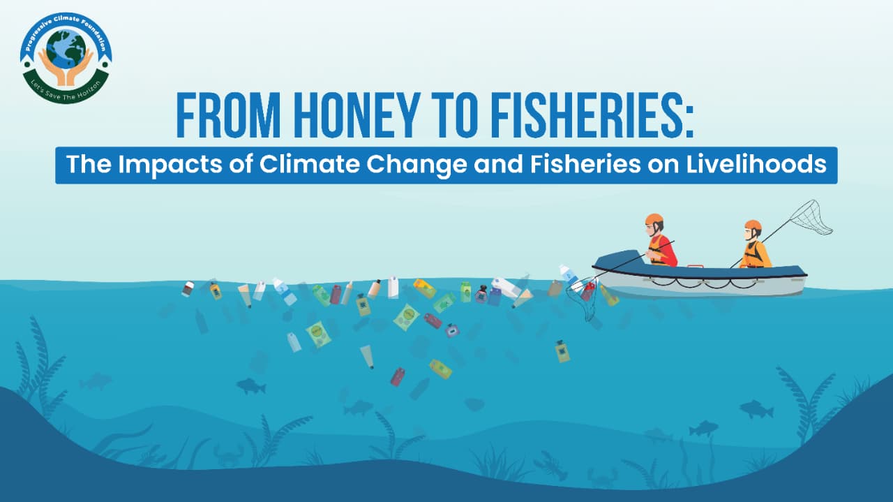 Illustration showing how climate change affects fisheries, honey production, and livelihoods in vulnerable communities